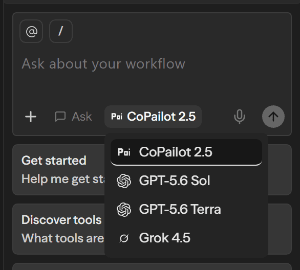 Copilot mode selection showing Advanced mode with MAX toggle