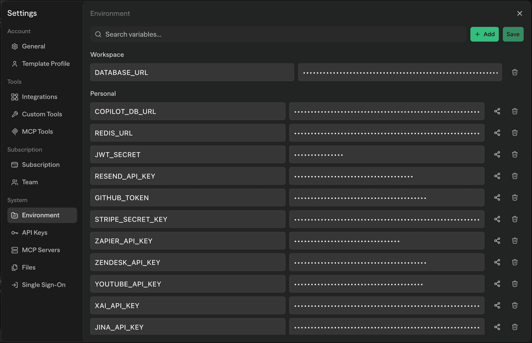 Variables con ámbito de espacio de trabajo en la lista de variables de entorno